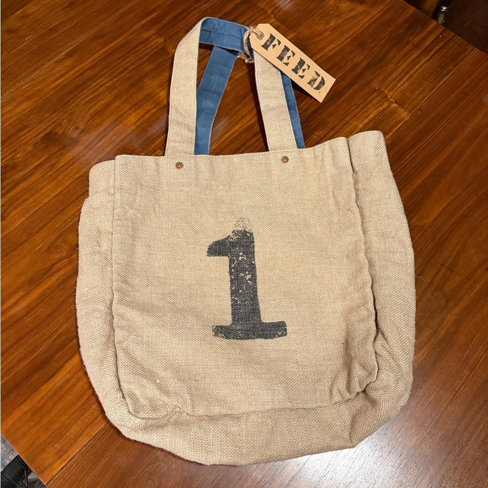 NWT FEED Burlap and Blue Reversible Bag - Picture 2 of 4